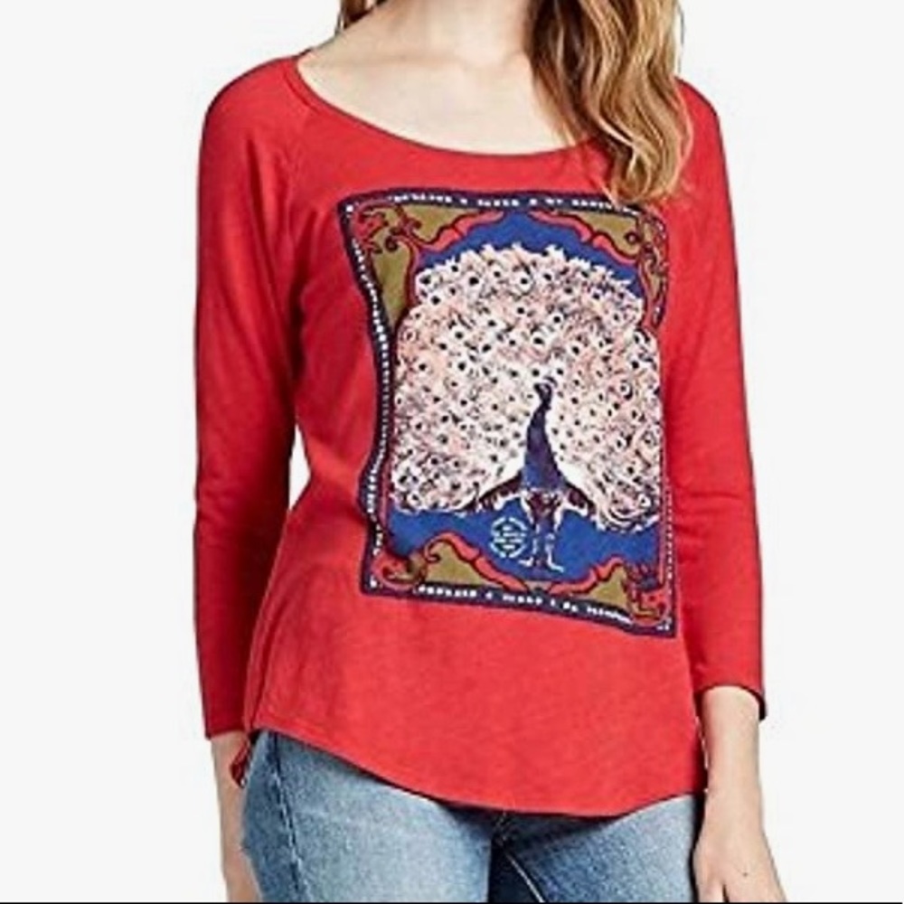 LuckyBrand NEW Red Peacock Matchbook 3/4 Sleeve Graphic Tee Y2K